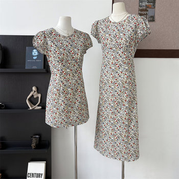 Lin shiba ຕະຫຼາດດອກໄມ້ງາມລີສອດແບບ retro floral skirt round neck puff sleeve waist sweet a-line dress