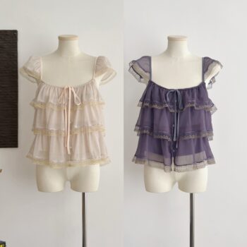 Pan hailigen ruffled lace layered ແຂນບິນຂະຫນາດນ້ອຍສາຍຄໍສີ່ຫຼ່ຽມມົນສໍາລັບແມ່ຍິງ