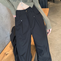 American hot girl willow nail overalls for girls early autumn casual black hiking pants high waist loose sports wide leg trousers