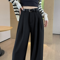 Versatile black wide-leg suit pants for women petite autumn new style non-elastic high-waisted belly-controlling drapey floor-length casual pants
