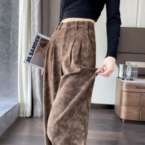 Brown European cotton velvet chenille wide-leg pants for women with velvet autumn and winter high-waisted casual slim straight corduroy floor mopping pants