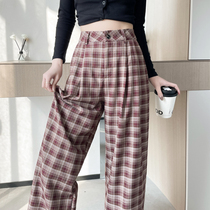 American Retro Tencel Cotton Red Plaid Wide Leg Pants Womens Autumn High Waist Casual Small Loose Straight Floor-Mopping Pants