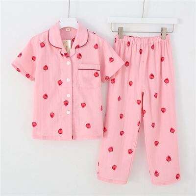 Spring and Autumn Children's and babies' short-sleeved and long-pants set, summer thin pure cotton double-layer gauze girls' home wear, girls' pajamas
