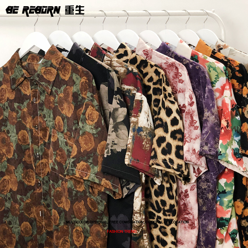 Original Vintage-Style Floral Retro Hepburn Hong Kong Style Short-Sleeved Shirt for Men and Women, Casual Trendy Versatile Loose Shirt for Summer