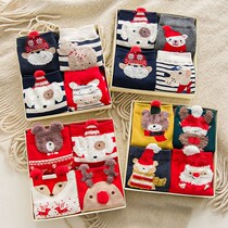 4 Double Gift Boxes Dress Christmas Socks Autumn Winter Cartoon Ears Cotton Socks Large Red New Year Festive middle cylinder Socks Female