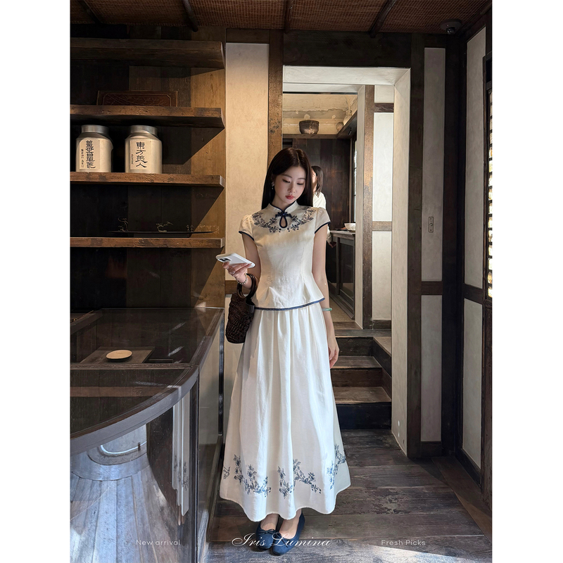 Iris Lumina Book Xia [Chunshan Xiao] New Chinese Style Suit Dress for Women Summer Cotton Linen Embroidery National Style Two-Piece Set