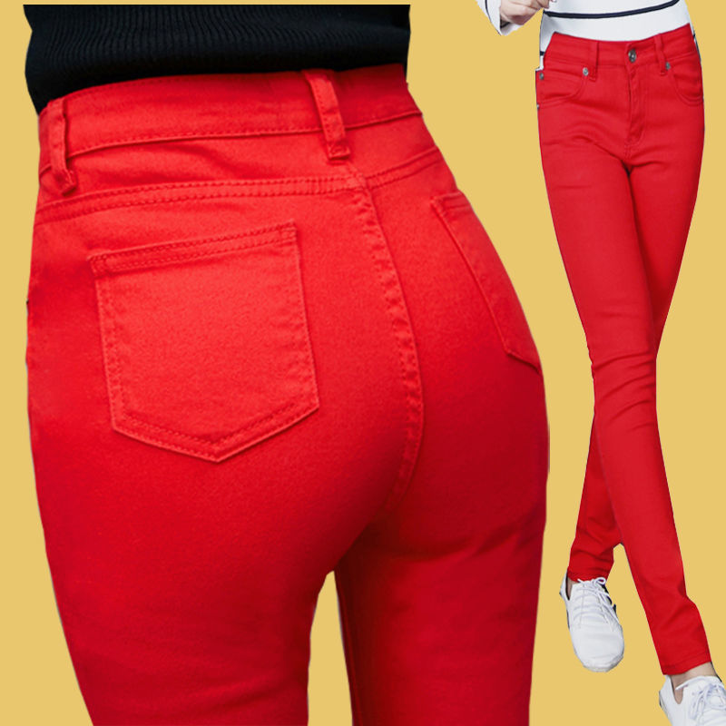 2026 Spring and Autumn New Style Big Red Jeans for Women, Fashionable Slim Fit High-Waisted Stretch Skinny Pencil Pants