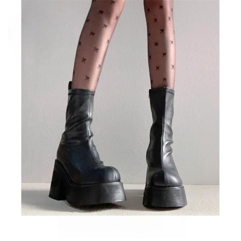 Black Height-Increasing Chunky Heel Short Boots for Women 2023 Autumn New Side Zipper High-Heeled Boots Platform Thick-Soled Mid-Calf Boots for Women