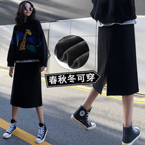 Pregnant woman half skirt Womens spring and autumn and winter adjustable mid-length black straight bag hip support belly skirt Casual one-step skirt