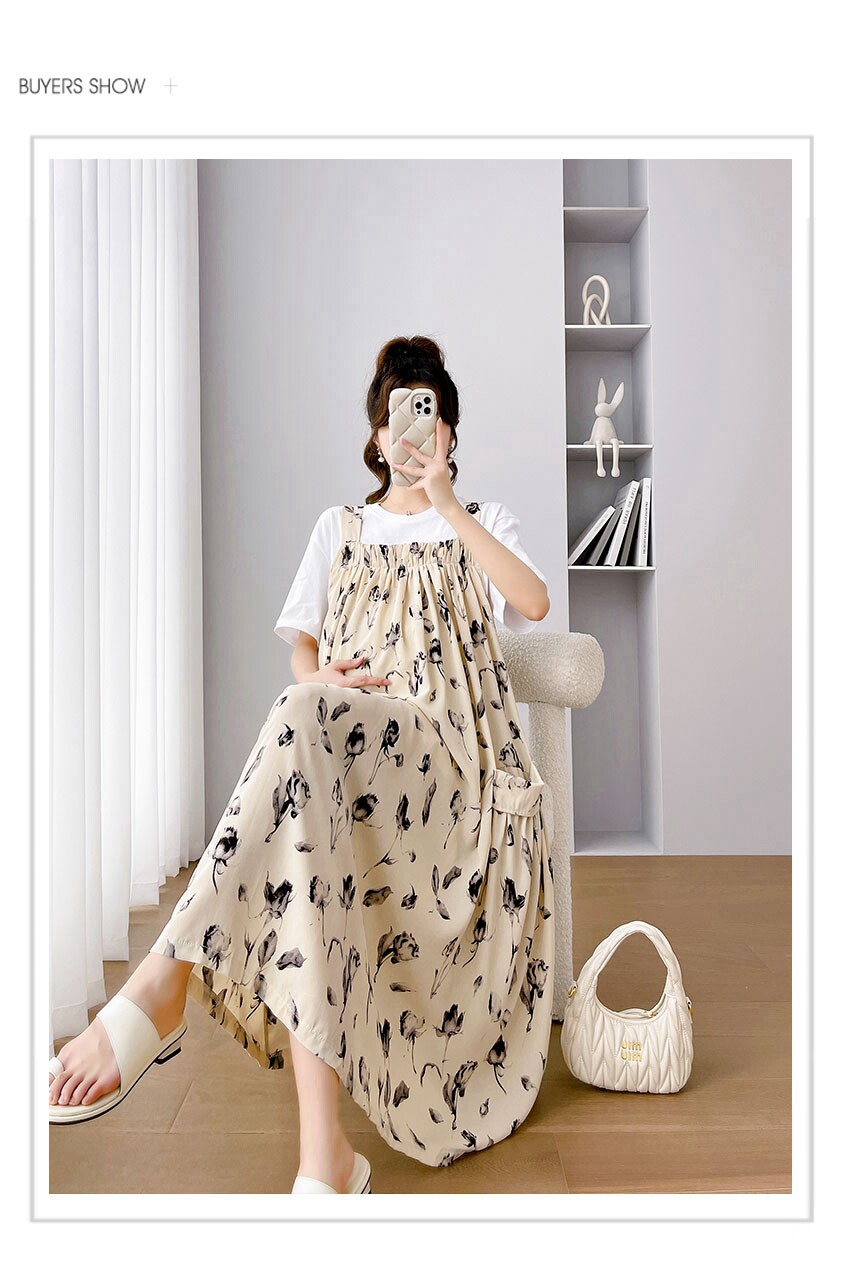 Платье для беременных 孕妇装夏装连衣裙长款雪纺碎花背带裙夏季大码田园风孕晚期吊带裙 OTHER