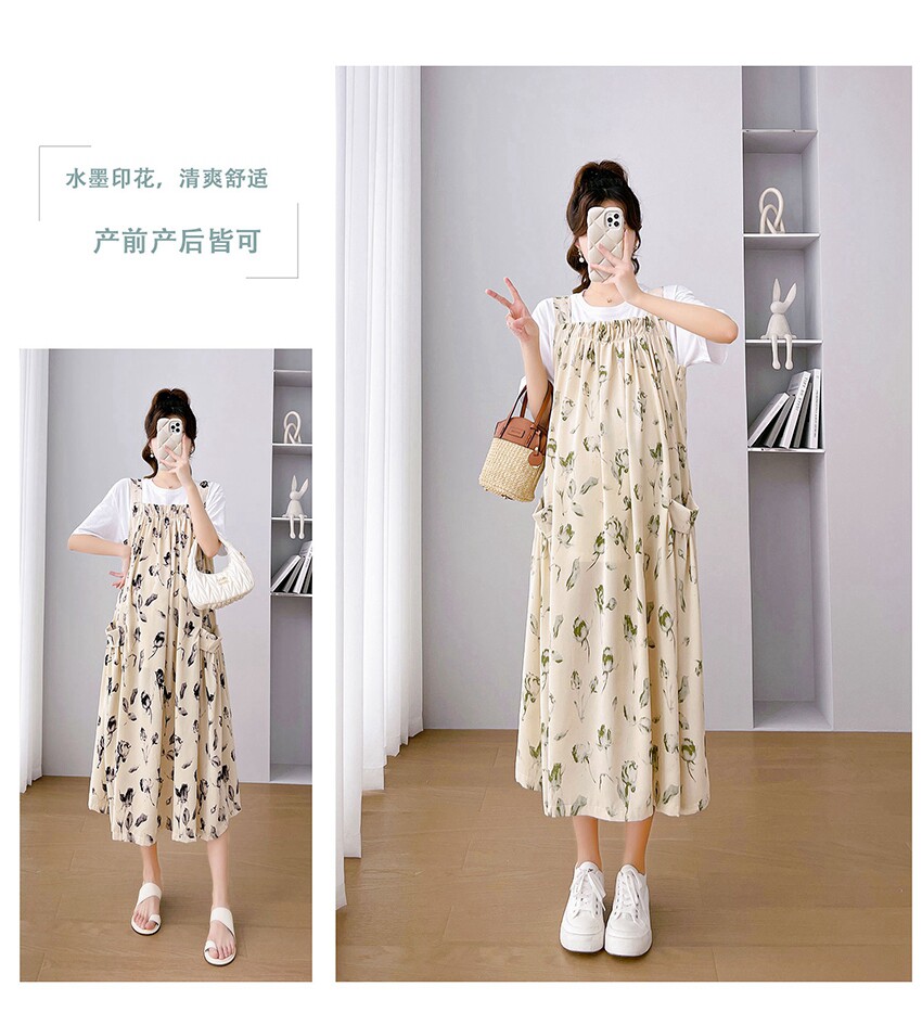 Платье для беременных 孕妇装夏装连衣裙长款雪纺碎花背带裙夏季大码田园风孕晚期吊带裙 OTHER
