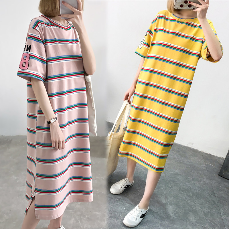 Pregnant women Yangdress Summer Lactation Dual use 2022 new long version over knee T-shirt dress Summer pure cotton striped breast-feeding dress