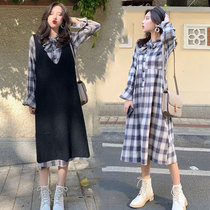 Maternity dress suit Long sleeve 2020 autumn large size loose plaid long skirt Western style knitted two-piece set tide