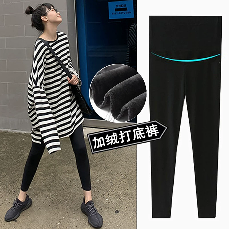 Quần bà bầu dày mùa đông cộng với quần legging nhung mùa đông đen eo cao quần bụng mùa xuân và quần mùa thu mẹ thủy triều - Phụ nữ mang thai quần / quần bụng