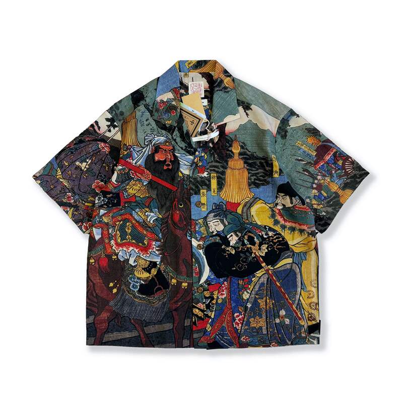 Ren Yinmu San Original National Trend Retro Style Ukiyo-E Cuban Collar Short-Sleeved Shirt Men's Lyocell Floral Shirt Ren Yinmu San Original National Trend Retro Style Ukiyo-E Cuban Collar Short-Sleeved Shirt Men's Lyocell Floral Shirt