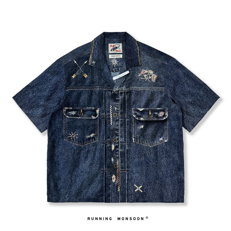 Ren Yinmu San Original Niche Men's Clothing American Retro Cuban Collar Shirt Printed Shirt Summer Short-Sleeved Tencel