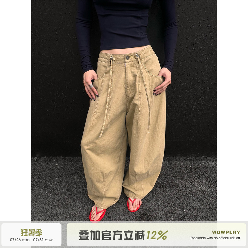 Wowplay Yang Jiqi American Retro Khaki Cargo Pants for Women, Wide-Leg Versatile Workwear Drawstring Casual Long Pants