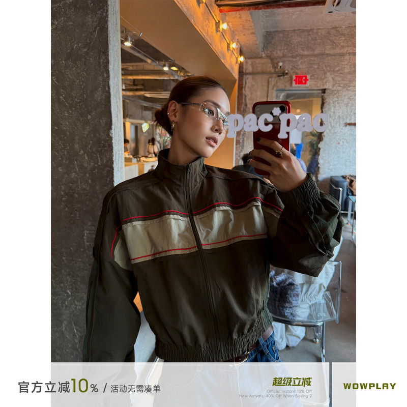 Wowplay Yang Jiqi Retro Patchwork Short Jacket for Women, Autumn Stand Collar Drawstring Waist Workwear Style Jacket