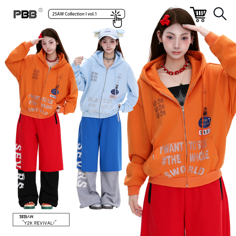Pbb Sunset Atmosphere ~ Orange American Retro Hooded Zip-Up Top with Gold Foil Print and Fleece-Lined Sweatshirt Jacket for Women