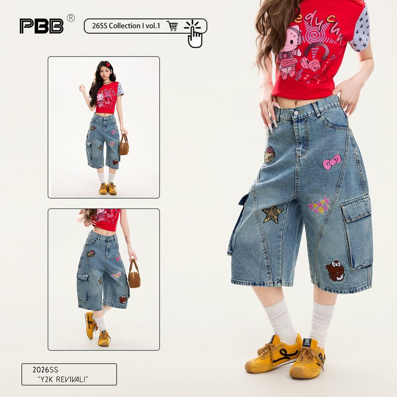 Pbb American-Style Casual Colorful Cartoon Embroidered Denim Capri Pants for Women, Straight-Leg Mid-Length Loose High-Waisted Wide-Leg Shorts