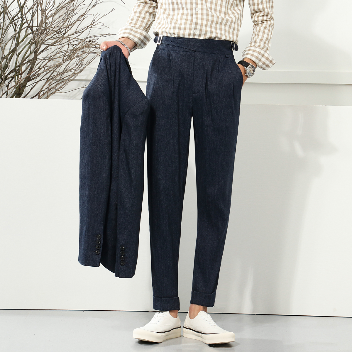 Italian autumn Langerge retro tooling denim trousers non-ironing nine-point casual pants men's trendy military high-waisted pants