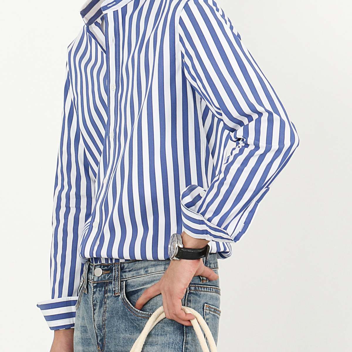 New blue striped shirt men's long-sleeved Korean version slim Windsor collar retro shirt men's spring and autumn elegant ruffian handsome inch shirt