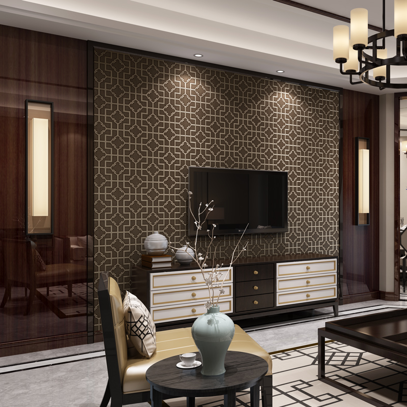 Modern simple Chinese classical three-dimensional wallpaper bedroom living room TV background wall paper 3D lattice teahouse decoration