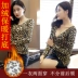 Phụ nữ mặc ở hai bên áo thun dài tay họa tiết da báo 2019 mùa xuân size lớn Đầm cộc tay chữ V không cổ áo phông trơn Áo phông