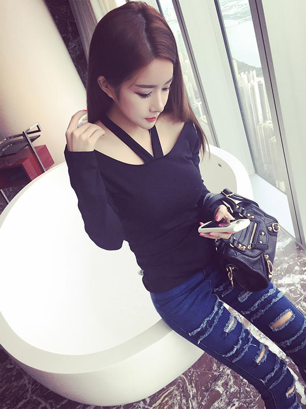 Phụ nữ mùa thu đông quây treo cổ cộng với áo nhung dài tay dày cạp cao size Slim áo ấm hở lưng gợi cảm thủy triều áo phông nữ chất đẹp