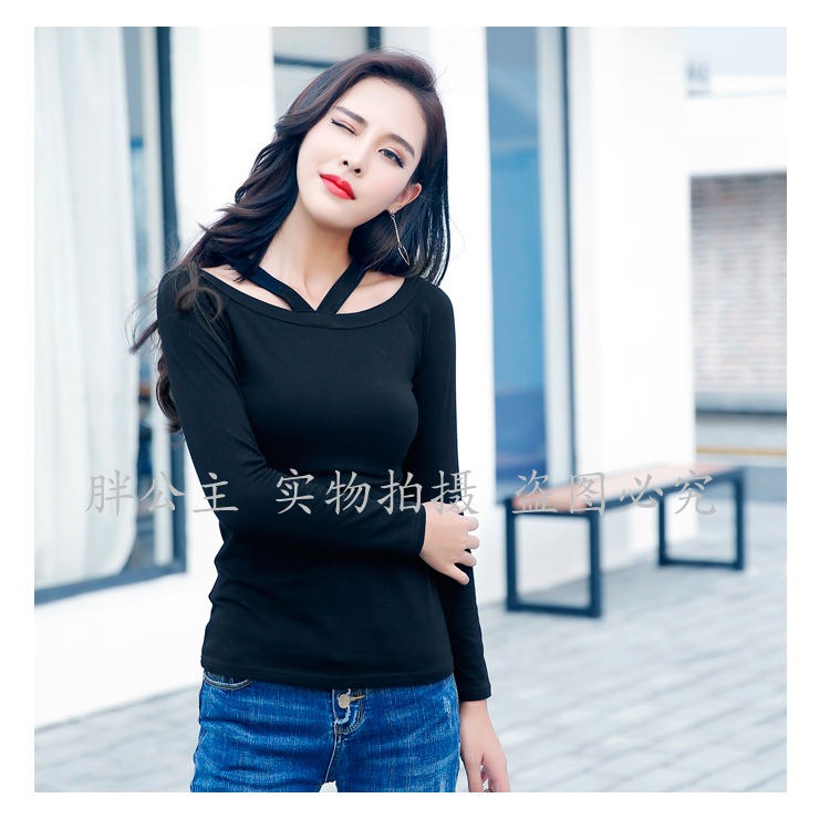 Áo thun trễ vai một vai dài tay nữ hai bên mặc mùa xuân treo cổ quây gợi cảm Slim size áo sơ mi đáy rộng áo form rộng nữ tay lỡ