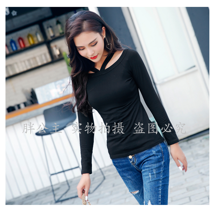 Áo thun trễ vai một vai dài tay nữ hai bên mặc mùa xuân treo cổ quây gợi cảm Slim size áo sơ mi đáy rộng áo form rộng nữ tay lỡ
