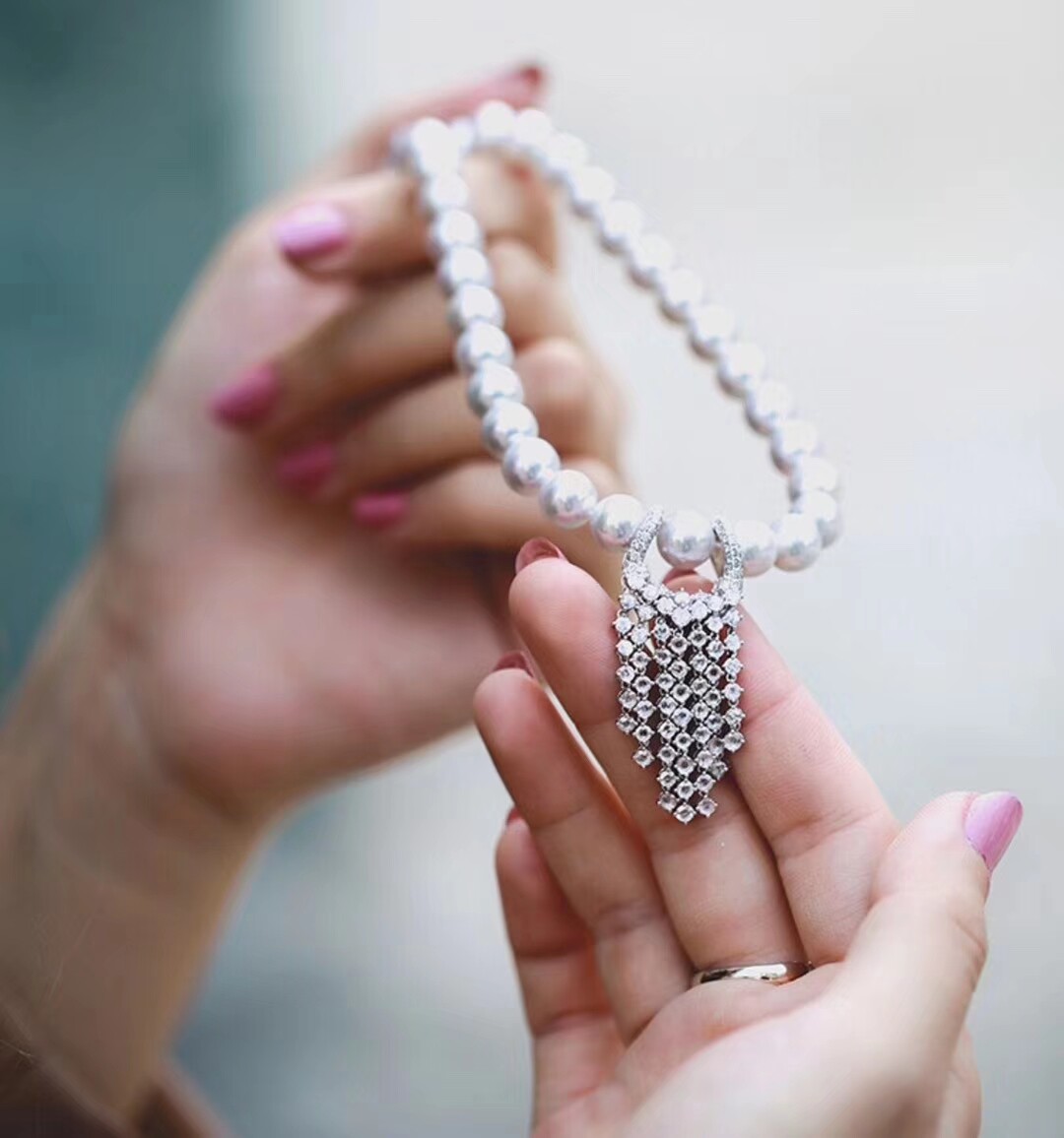 Silver Micro Inlaid Zircon Pearl Long Tassel Necklace Sweater Chain Accessories