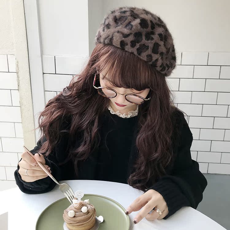魏什么reallywhy豹纹少女古着画家帽兔毛