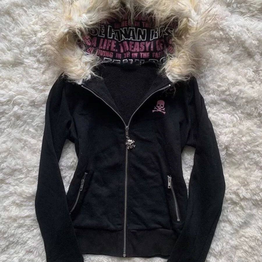 Skull gothic cardigan letter black hooded sweatshirt y2k japanese