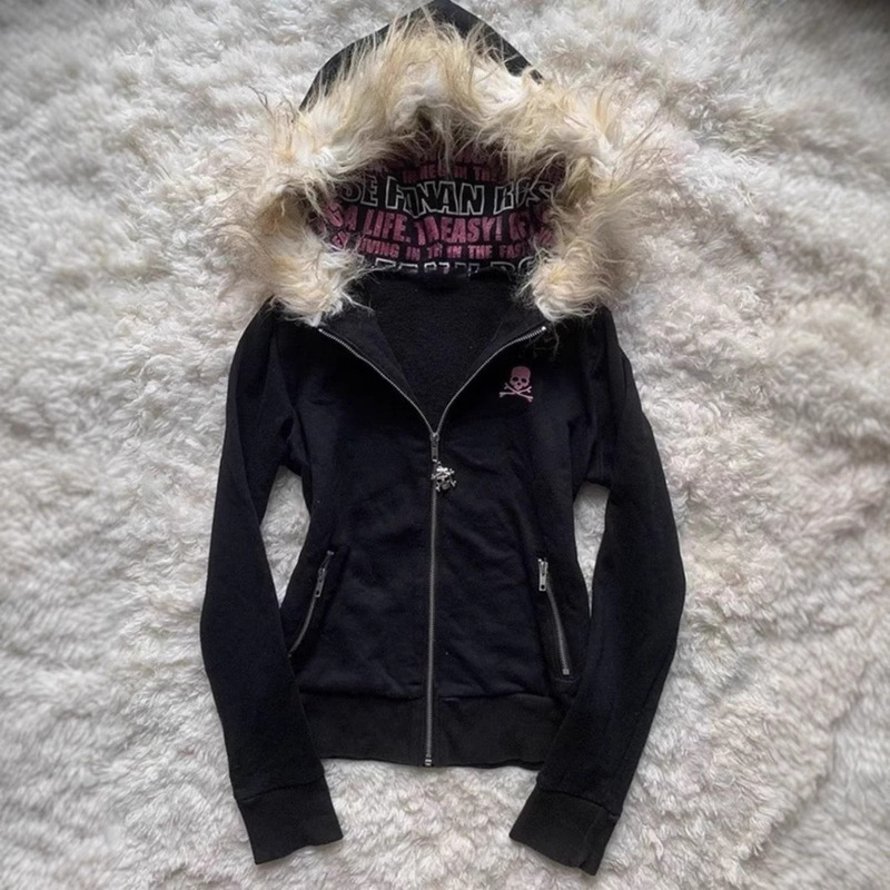 Skull Gothic Style Cardigan Letter Black Hoodie Y2K Japanese Zipper Jacket Women's Fur Collar Thin Style