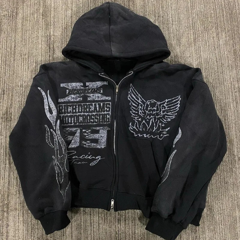 0505 Street Hip-Hop Star Girl Print Black Zip-Up Hoodie Women Y2K Harajuku Jacket Sweatshirt Women 0505 Street Hip-Hop Star Girl Print Black Zip-Up Hoodie Women Y2K Harajuku Jacket Sweatshirt Women