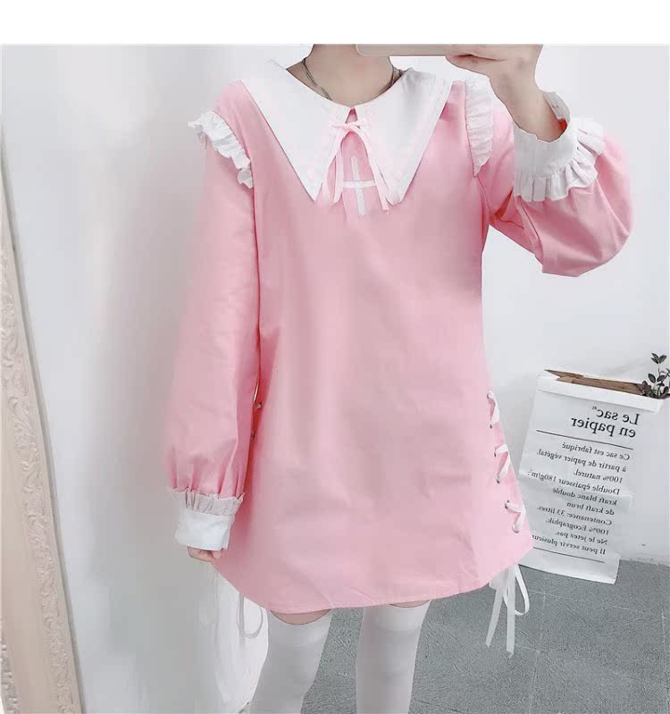 Nhật nhỏ ngọt ngào thắt nơ xinh xắn dễ thương mùa thu mới gái dài tay Một váy chữ nữ váy chữ a liền công sở