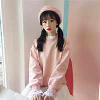 Cô gái Nhật ngọt ngào áo len nhỏ tươi openwork tay áo ren mùa thu và mùa đông cô gái mới của áo cổ tròn áo khoác thun nữ
