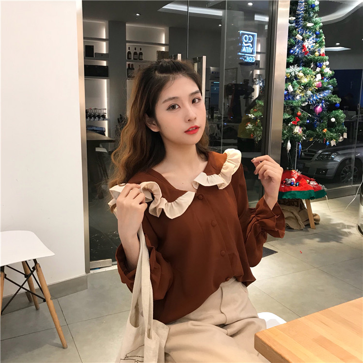 Áo sơ mi dài tay mùa thu mới 2018 ngọt ngào nhỏ tươi hoang dã lá sen búp bê cổ áo tay áo sinh viên kiểu áo sơ mi nữ đẹp