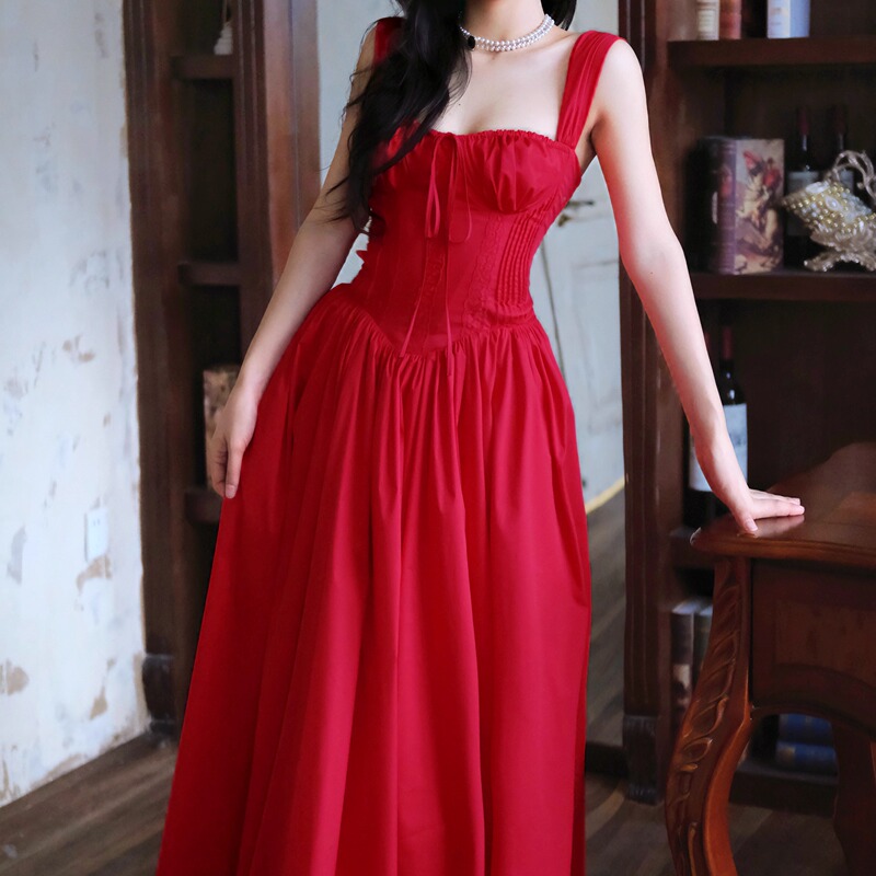 Dana Red Long Dress with Fishbone Design, Hepburn Style Christmas and New Year Dress, Spaghetti Strap A-Line Dress