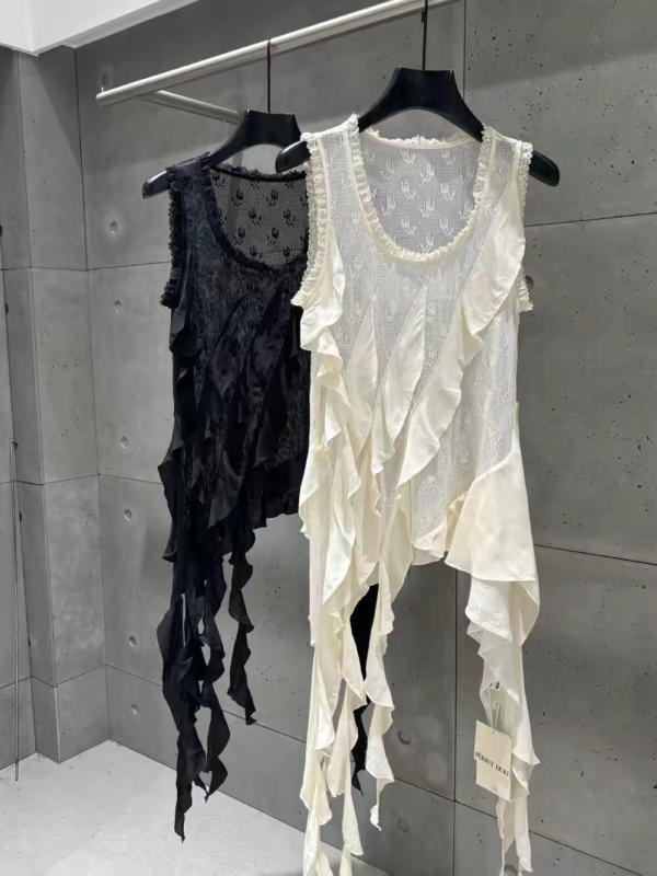 Irregular Ribbon Ruffled Sleeveless Camisole Outerwear Vest Top for Women, Summer Loose-Fitting Slimming Chiffon Long Cover-Up Blouse Irregular Ribbon Ruffled Sleeveless Camisole Outerwear Vest Top for Women, Summer Loose-Fitting Slimming Chiffon Long Cover-Up Blouse