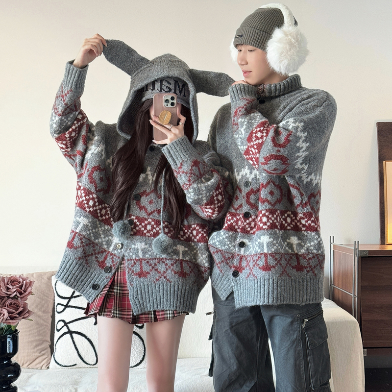 Couple's Outfit for Spring and Autumn, Lazy Style Hooded Cardigan Sweater for Men ins Super Popular Christmas and New Year Knitted Sweater Jacket for Women