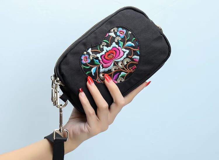 Hân Đồng thêu không thấm nước ví cầm tay túi xách nữ túi xách ba lớp thêu tay dây kéo túi mini crossbody - Ví tiền ví đựng thẻ
