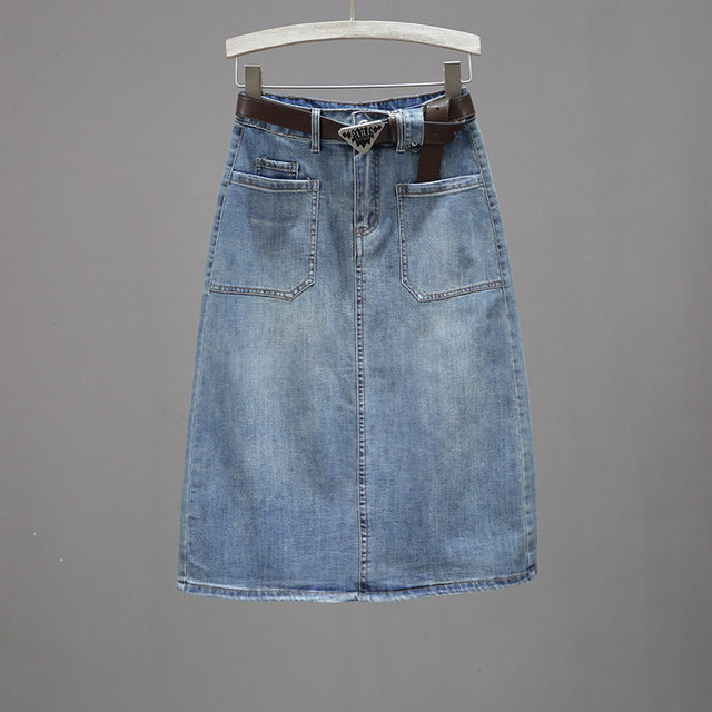 Mid-length denim skirt, versatile skirt that looks slimming