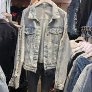 Mùa thu 2018 mới của Hàn Quốc nặng nề rhinestone ngắn tay áo lỗ tay khâu quần jean bị hỏng denim áo khoác mỏng áo khoác