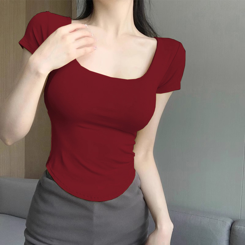 Pure Desire U-Shaped Square Neck T-Shirt for Women, Summer Curved Hem, Sexy and Slim-Fitting, Pure Cotton Short-Sleeve Top with Regular Shoulders Pure Desire U-Shaped Square Neck T-Shirt for Women, Summer Curved Hem, Sexy and Slim-Fitting, Pure Cotton Short-Sleeve Top with Regular Shoulders