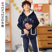 Fentteng Boys Pajamas Winter Coral Velvet Cute Cartoon Sweater Warm in Large Child Flagger Home Clothes