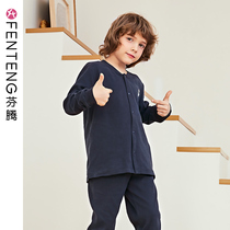 Fenten Childrens Pajamas Autumn and Winter Leisure Cardigan Long Sleeve Home Set Comfortable Cotton Boy Home Clothes