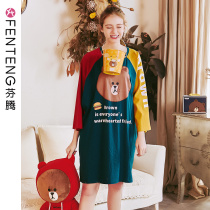 Finten Korean line friends brown bear autumn long sleeved nightdress women cotton cartoon loose home clothes summer