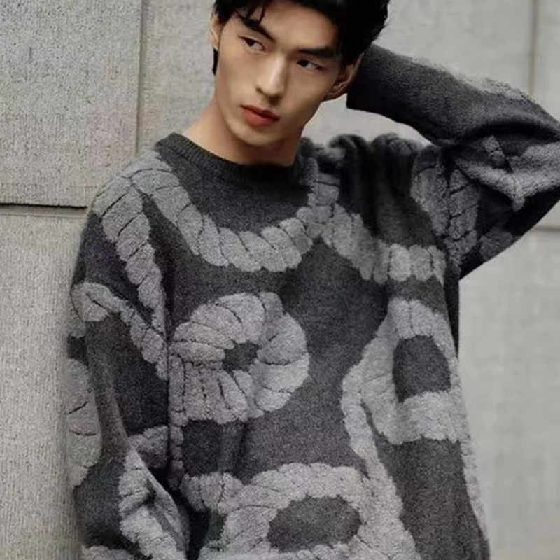 Winter New Round-Neck Men's 100% Pure Cashmere Sweater, Thickened for Warmth, Stylish Gray Rope Pattern Youth Sweater Winter New Round-Neck Men's 100% Pure Cashmere Sweater, Thickened for Warmth, Stylish Gray Rope Pattern Youth Sweater
